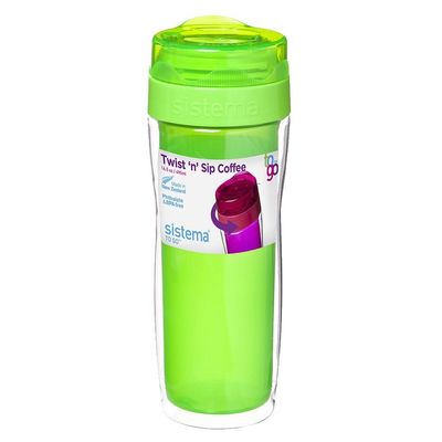 Sistema Twist N Sip Coffee TO GO Multipurpose 490ML Bottle, with insulated Chamber. Its food safe & durable plastic material. Dishwasher, Fridge safe and BPA Free, Green.