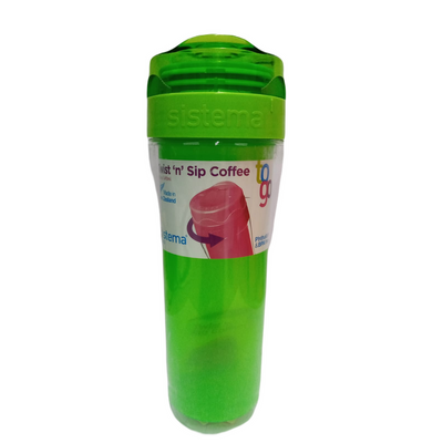 Sistema Twist N Sip Coffee TO GO Multipurpose 490ML Bottle, with insulated Chamber. Its food safe & durable plastic material. Dishwasher, Fridge safe and BPA Free, Green.