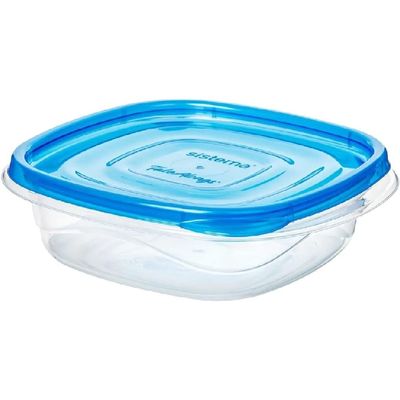 Sistema Takealongs Square food storage, Clear with blue lid, 669ML, Pack of 4, Phthlate & BPA free and Dishwasher & Microwave Safe.