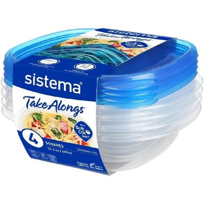 Sistema Takealongs Square food storage, Clear with blue lid, 669ML, Pack of 4, Phthlate & BPA free and Dishwasher & Microwave Safe.