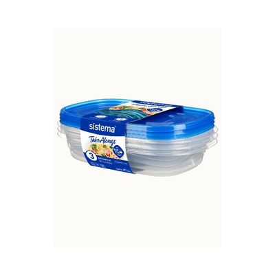 Sistema Takealongs 950ML Stackable Rectrangular food storage, clear with blue lid, pack of 3, Phthalate & BPA Free, Microwave and dishwasher safe.