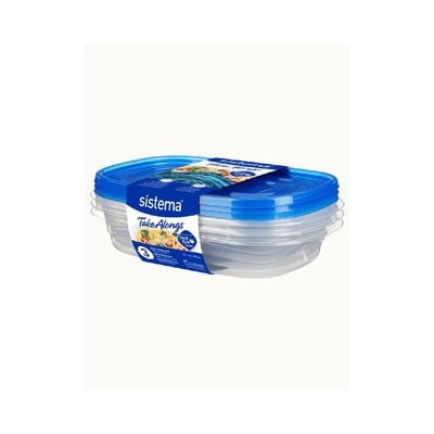 Sistema Takealongs 950ML Stackable Rectrangular food storage, clear with blue lid, pack of 3, Phthalate & BPA Free, Microwave and dishwasher safe.