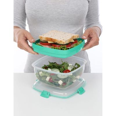 Sistema Salad Container for Lunch with Dressing Container, Bento Box 4 Compartment Tray, and Cutlery, Dishwasher Safe, 37.2-Ounce, Assorted 1 Piece.