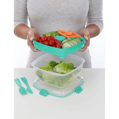 Sistema Salad Container for Lunch with Dressing Container, Bento Box 4 Compartment Tray, and Cutlery, Dishwasher Safe, 37.2-Ounce, Assorted 1 Piece.