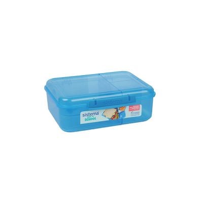 Sistema 1.65 Liter Bento Stackable Lunch Box, Blue, Easy locking clips with multiple compartments & Pot, is Microwave & dishwasher safe and BPA Free.