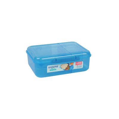 Sistema 1.65 Liter Bento Stackable Lunch Box, Blue, Easy locking clips with multiple compartments & Pot, is Microwave & dishwasher safe and BPA Free.