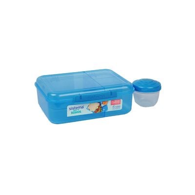 Sistema 1.65 Liter Bento Stackable Lunch Box, Blue, Easy locking clips with multiple compartments & Pot, is Microwave & dishwasher safe and BPA Free.