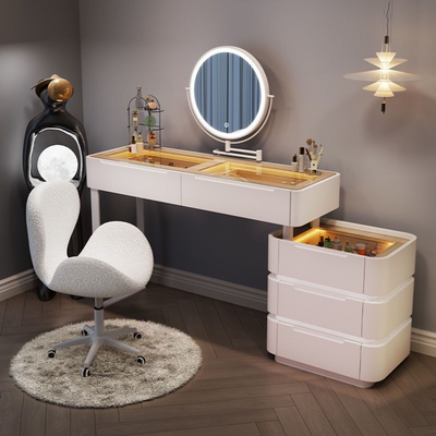 Sleek Modern Dressing Table with Chair Retractable Mirror and Lighted Countertop - White