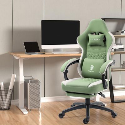 Mahmayi Dowinx Gaming Chair PC Chair with Massage Lumbar Support, Racing Style PU Leather High Back Adjustable Swivel Task Chair with Footrest Support, Green