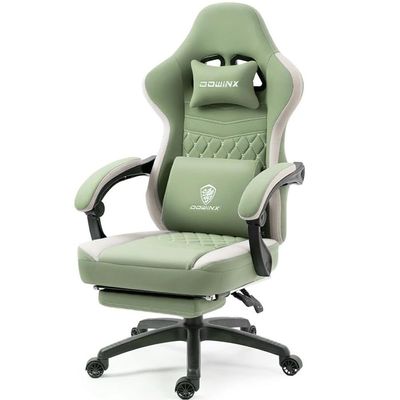 Mahmayi Dowinx Gaming Chair PC Chair with Massage Lumbar Support, Racing Style PU Leather High Back Adjustable Swivel Task Chair with Footrest Support, Green