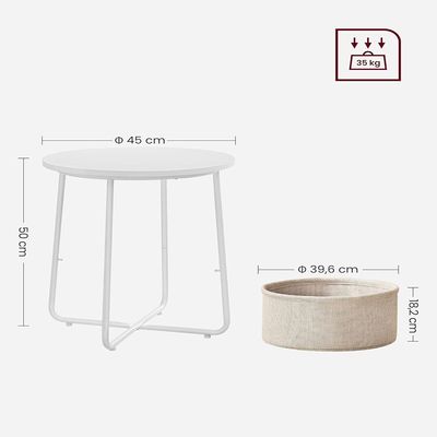 Mahmayi Vasagle Modern Side Table, Round End Table with Fabric Basket, Spacious, Ideal for Living Room Bedroom, Bedside Table, White and Beige