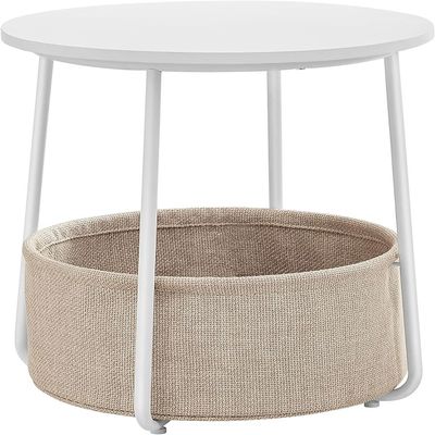 Mahmayi Vasagle Modern Side Table, Round End Table with Fabric Basket, Spacious, Ideal for Living Room Bedroom, Bedside Table, White and Beige