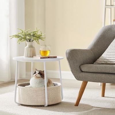 Mahmayi Vasagle Modern Side Table, Round End Table with Fabric Basket, Spacious, Ideal for Living Room Bedroom, Bedside Table, White and Beige