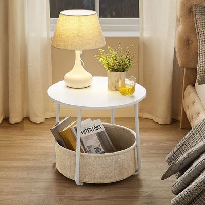 Mahmayi Vasagle Modern Side Table, Round End Table with Fabric Basket, Spacious, Ideal for Living Room Bedroom, Bedside Table, White and Beige