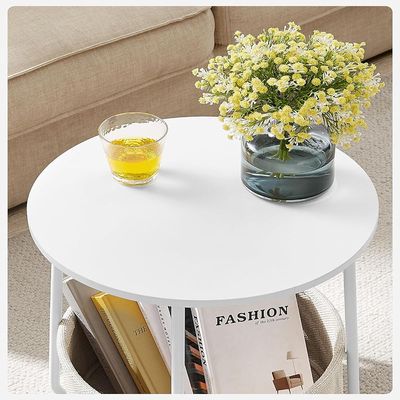 Mahmayi Vasagle Modern Side Table, Round End Table with Fabric Basket, Spacious, Ideal for Living Room Bedroom, Bedside Table, White and Beige