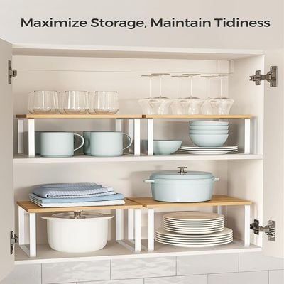 Mahmayi Kitchen Counter Shelves & Storage Rack Design with Metal and Engineered Wood with Stackable and Expandable Features, White and Natural, Set of 2