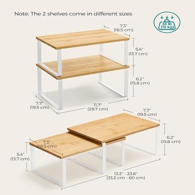 Mahmayi Kitchen Counter Shelves & Storage Rack Design with Metal and Engineered Wood with Stackable and Expandable Features, White and Natural, Set of 2