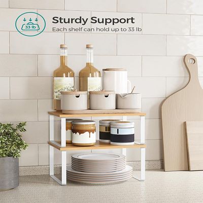 Mahmayi Kitchen Counter Shelves & Storage Rack Design with Metal and Engineered Wood with Stackable and Expandable Features, White and Natural, Set of 2