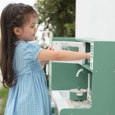 Classic World Vintage Play Kitchen: Spark Imaginative Feasts, it’s a retro toy kitchen for toddlers and wooden kitchen playset.