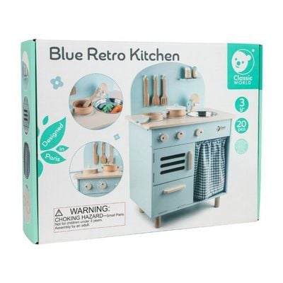 Classic World Blue Retro Kitchen: Spark Nostalgic Fun, it’s a wooden kitchen set for toddlers and role-playing toys