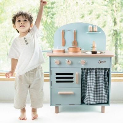 Classic World Blue Retro Kitchen: Spark Nostalgic Fun, it’s a wooden kitchen set for toddlers and role-playing toys