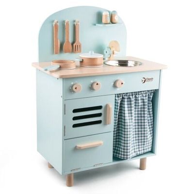 Classic World Blue Retro Kitchen: Spark Nostalgic Fun, it’s a wooden kitchen set for toddlers and role-playing toys