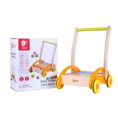 Classic World Walk & Play! Wooden Baby Walker with Activity Center it’s a first steps walker for babies with toys