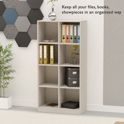 Mahmayi Wooden Display Shelves with 8 Storage Compartment, Freestanding, Top Shelf for Decoration Ideal for Storing Book, Files, Showpieces - Light Grey