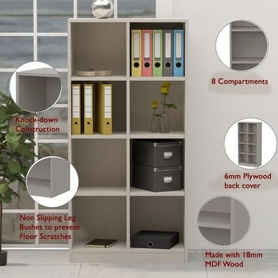 Mahmayi Wooden Display Shelves with 8 Storage Compartment, Freestanding, Top Shelf for Decoration Ideal for Storing Book, Files, Showpieces - Light Grey