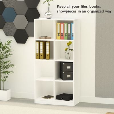 Mahmayi Wooden Display Shelves with 8 Storage Compartment, Freestanding, Top Shelf for Decoration Ideal for Storing Book, Files, Showpieces - White