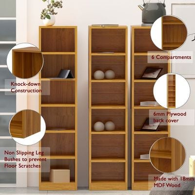 Mahmayi Wooden Storage Display Shelves 6-Tier Freestanding, Box Shelves, Top Shelf for Decoration Ideal for Storing and Displaying your possessions - Light Walnut