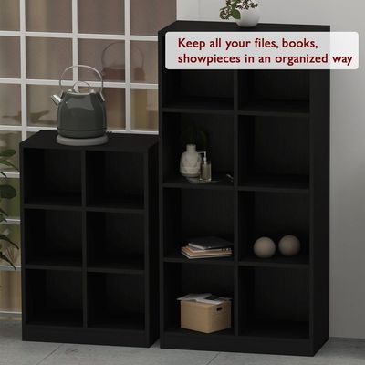 Mahmayi Wooden Display Shelves with 6 Storage Compartment, Freestanding, Top Shelf for Decoration Ideal for Storing Book, Files, Showpieces - Black