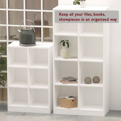 Mahmayi Wooden Display Shelves with 6 Storage Compartment, Freestanding, Top Shelf for Decoration Ideal for Storing Book, Files, Showpieces - White