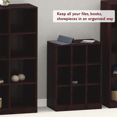 Mahmayi Wooden Display Shelves with 9 Storage Compartment, Freestanding, Top Shelf for Decoration Ideal for Storing Book, Files, Showpieces - Dark Walnut