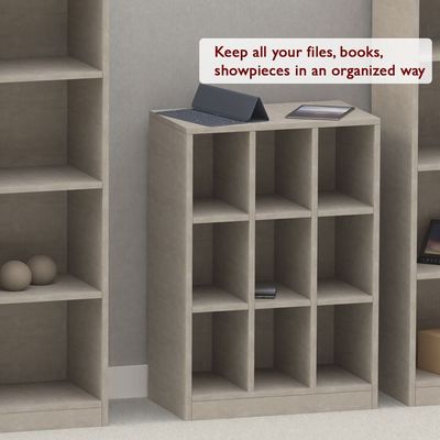 Mahmayi Wooden Display Shelves with 9 Storage Compartment, Freestanding, Top Shelf for Decoration Ideal for Storing Book, Files, Showpieces - Light Concrete