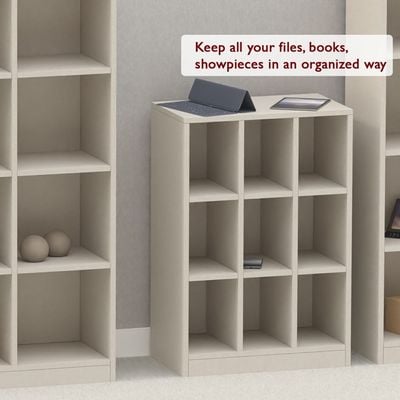 Mahmayi Wooden Display Shelves with 9 Storage Compartment, Freestanding, Top Shelf for Decoration Ideal for Storing Book, Files, Showpieces - Light Grey