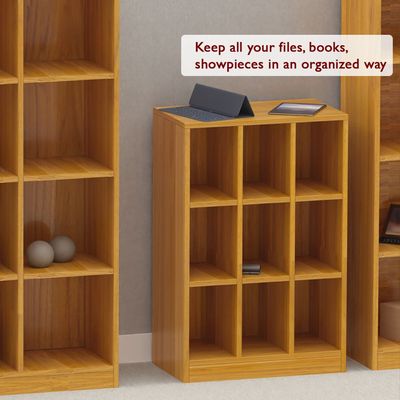 Mahmayi Wooden Display Shelves with 9 Storage Compartment, Freestanding, Top Shelf for Decoration Ideal for Storing Book, Files, Showpieces - Light Walnut