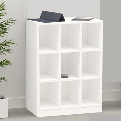 Mahmayi Wooden Display Shelves with 9 Storage Compartment, Freestanding, Top Shelf for Decoration Ideal for Storing Book, Files, Showpieces - White