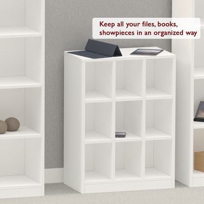 Mahmayi Wooden Display Shelves with 9 Storage Compartment, Freestanding, Top Shelf for Decoration Ideal for Storing Book, Files, Showpieces - White