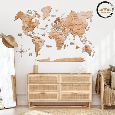 3D Wooden World Map - Light