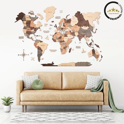 3D Wooden World Map - Smokey | M (100 x 60cm)