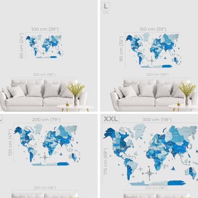 3D Wooden World Map - Azure | M (100 x 60cm)