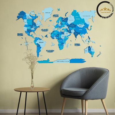 3D Wooden World Map - Azure | M (100 x 60cm)