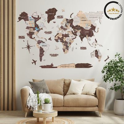 3D Wooden World Map - Cappuccino | M (100 x 60cm)