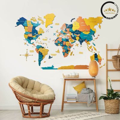 3D Wooden World Map - Indie | M (100 x 60cm)