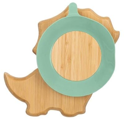 Skip Hop Citron organic bamboo plate suction + spoon dino pastel green