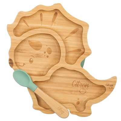 Skip Hop Citron organic bamboo plate suction + spoon dino pastel green