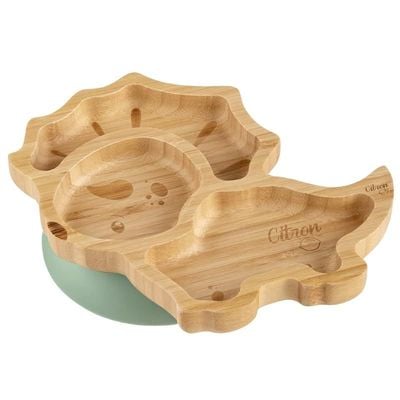 Skip Hop Citron organic bamboo plate suction + spoon dino pastel green