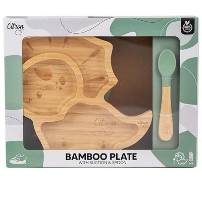 Skip Hop Citron organic bamboo plate suction + spoon dino pastel green