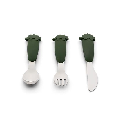 Skip Hop Citron- Toddler Cutlery Set | Three piece stainless steel &amp; silicon utensil Spoon, Fork &amp; Knife Set | Flatware Cutlery Set for Kids- Dino Green